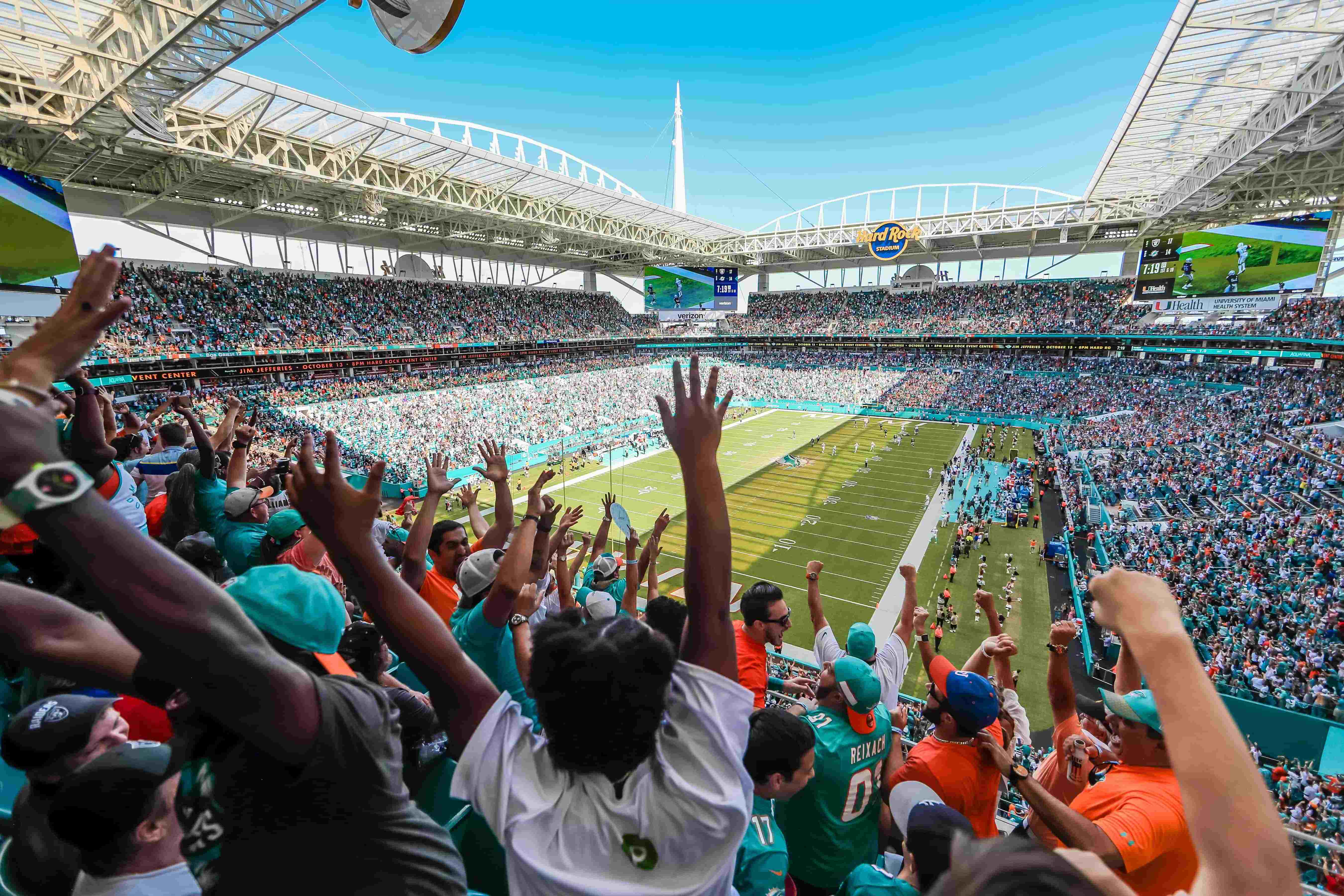 Miami Dolphins fans cheering inthe grandstad, with the pitch in the background