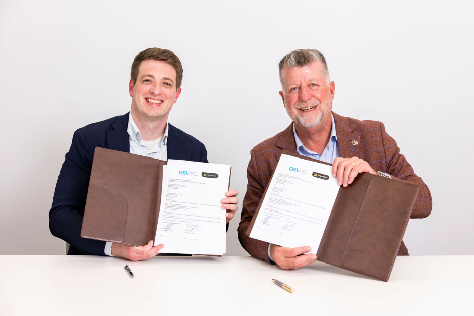 Ben New (Managing Director, GSV) and Tim Stollznow (CEO, MyVenue) signing