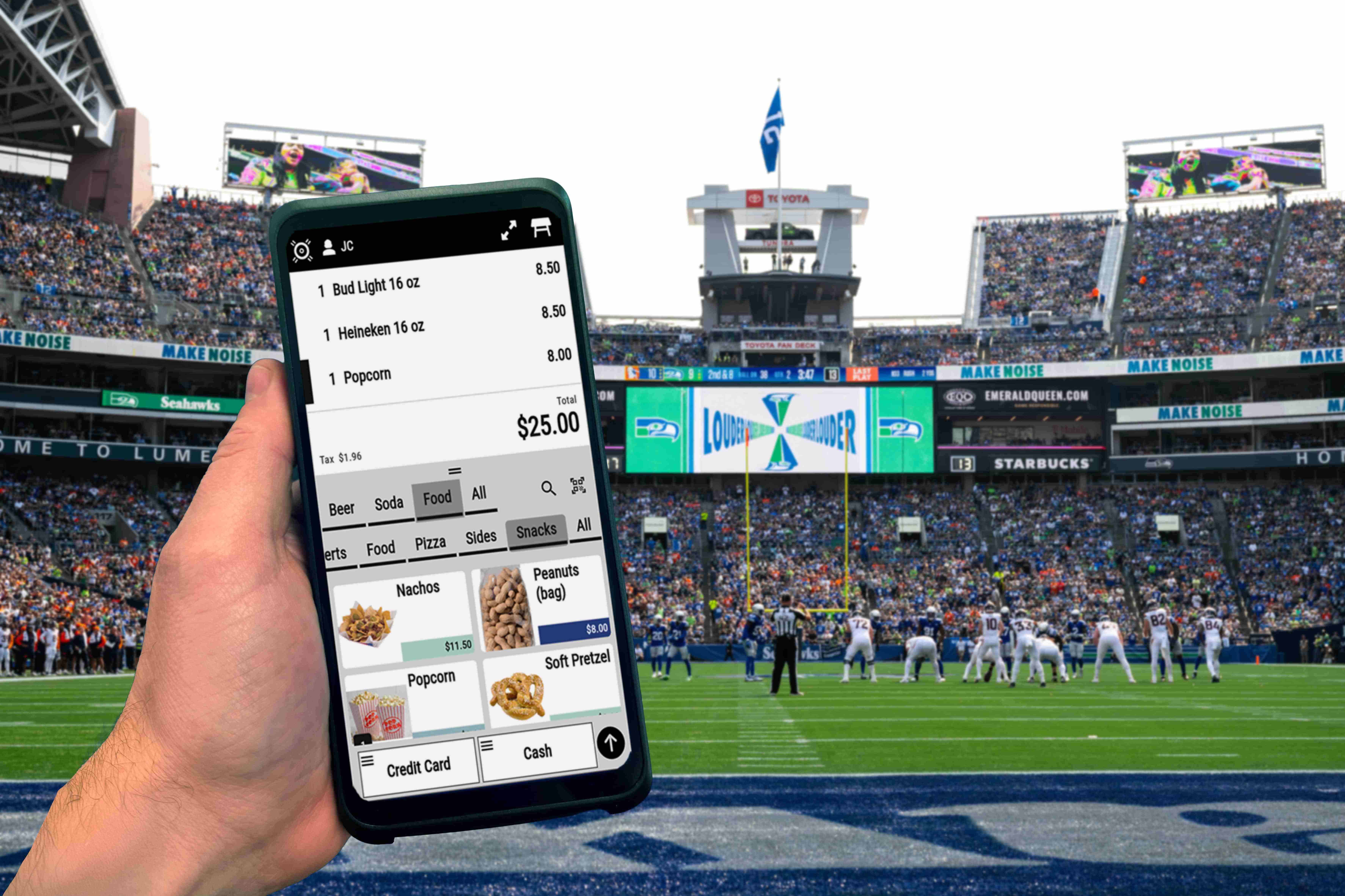 MyVenue POS software on a handheld POS device at Lumen Field