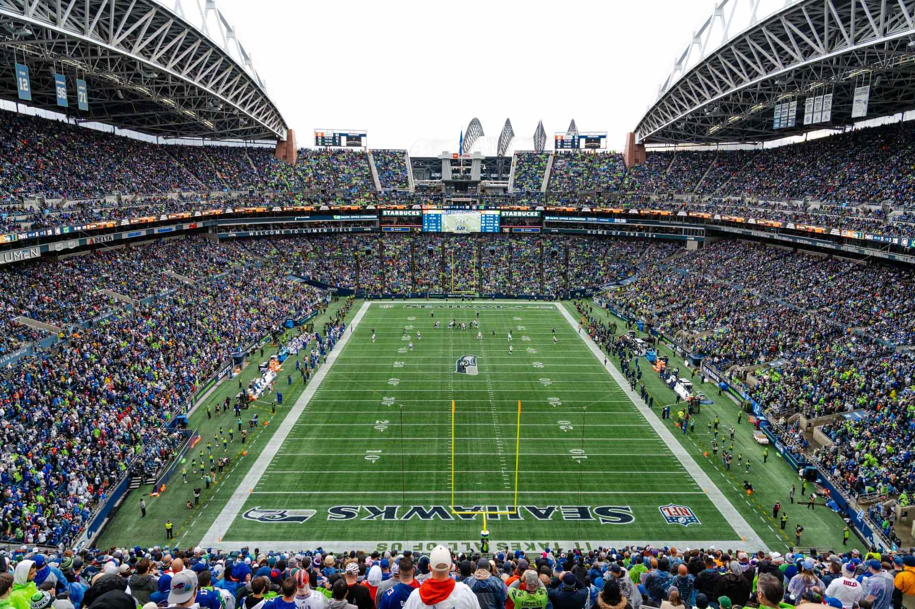 High-angle image of Lumen Field during an NFL game