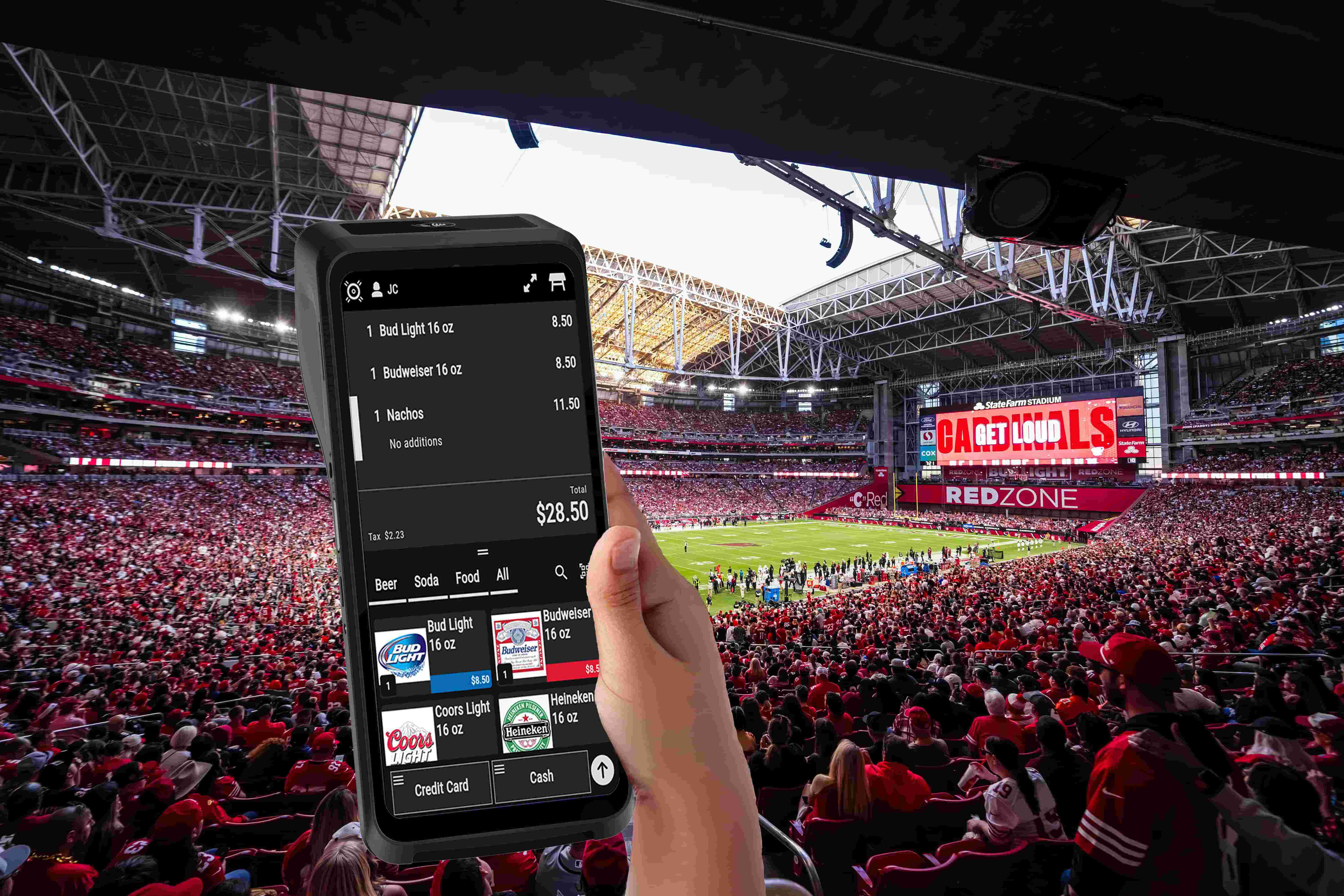 MyVenue's POS software on a handheld POS device at State Farm Stadium