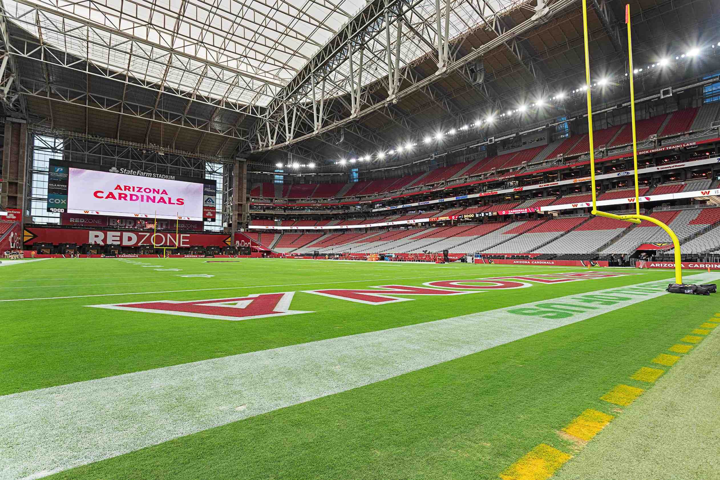 Ground-level view of the end zone at State Farm Stadium